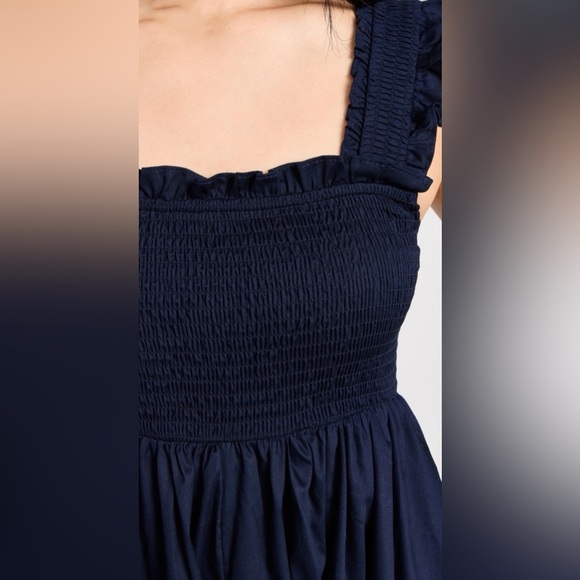 Petite Plume Navy Cotton Twill Margaux Smocked Midi Dress Size Large - Picture 5 of 5